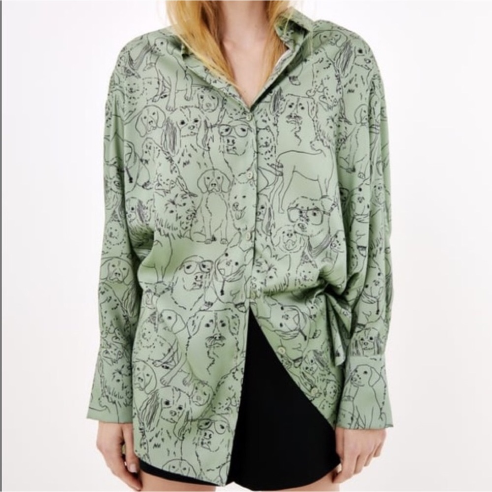 Zara Light Green Button-Down Shirt with Black Line Dog Print